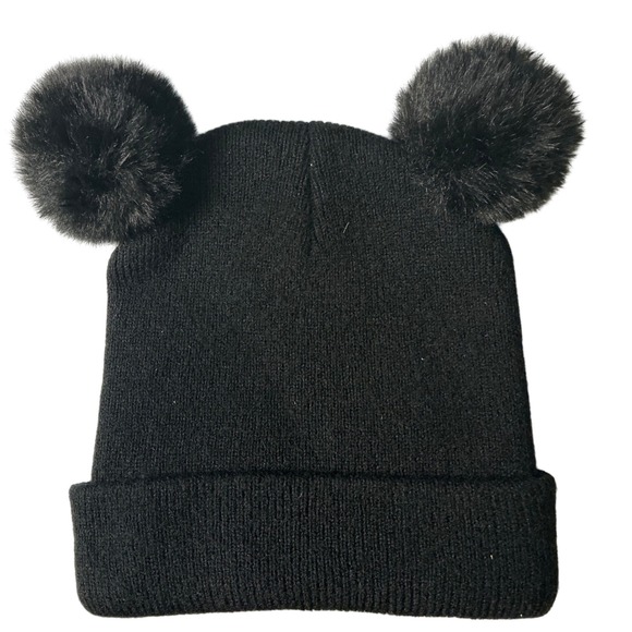 Moonlight Kids Black Pom Pom Beanie Hat Cute Bear Ears Winter Warm Knit Cap - Picture 2 of 2